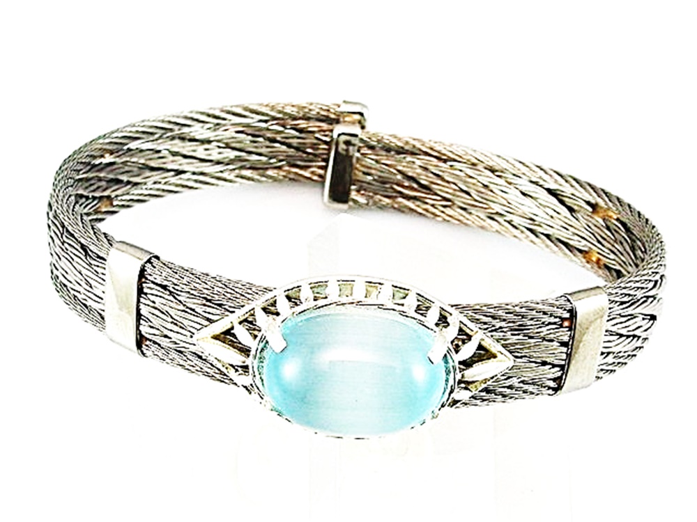 Brazalete cable de Acero figura oval de Plata y Ojo de gato